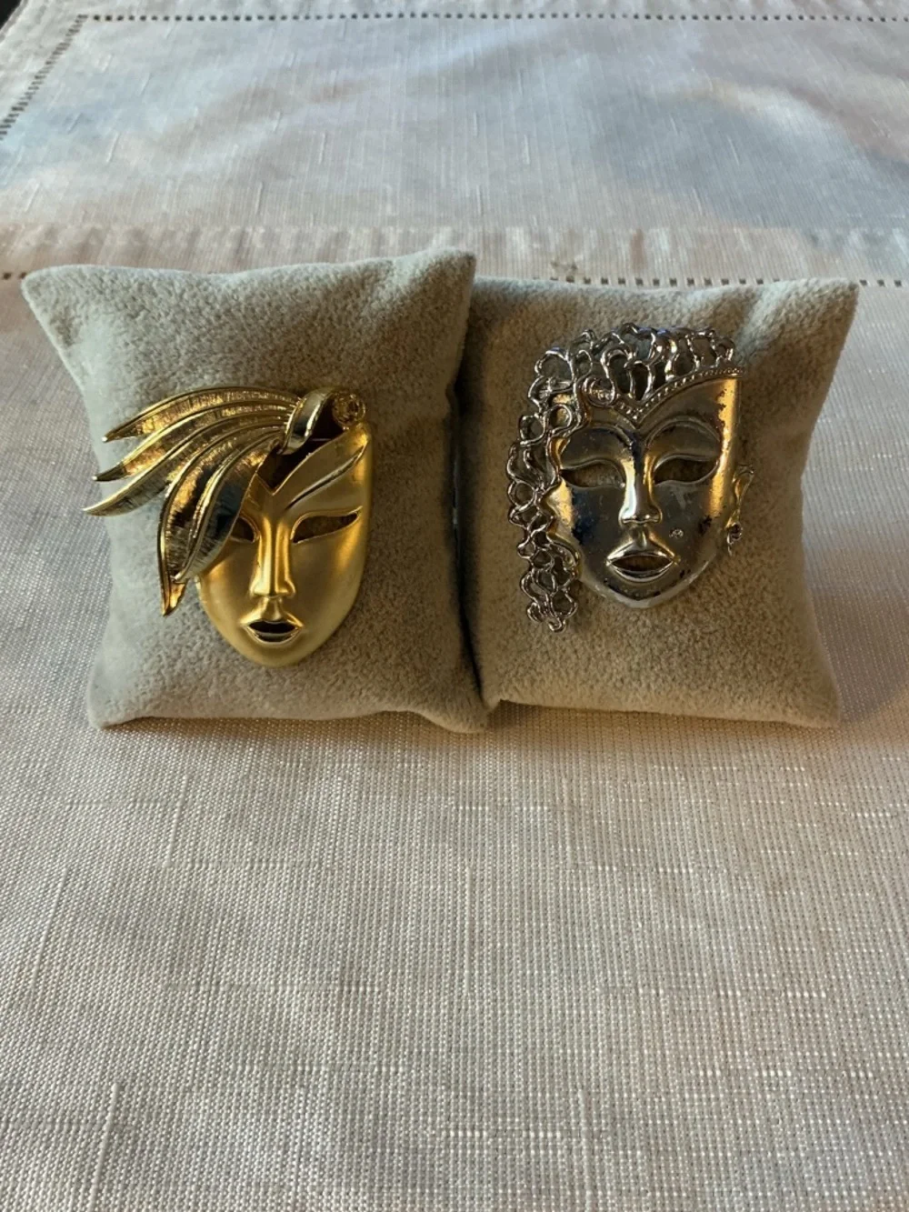 Venetian Masquerade Mask Vintage Gold and Silver Tone Brooches